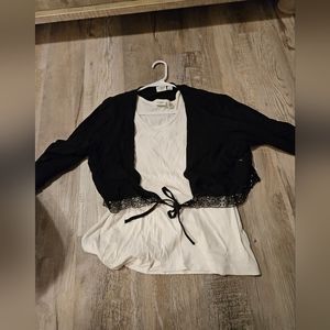 Plus 2 piece top set. Black jacket/lace sparkle trim with white tank Size 22/24W